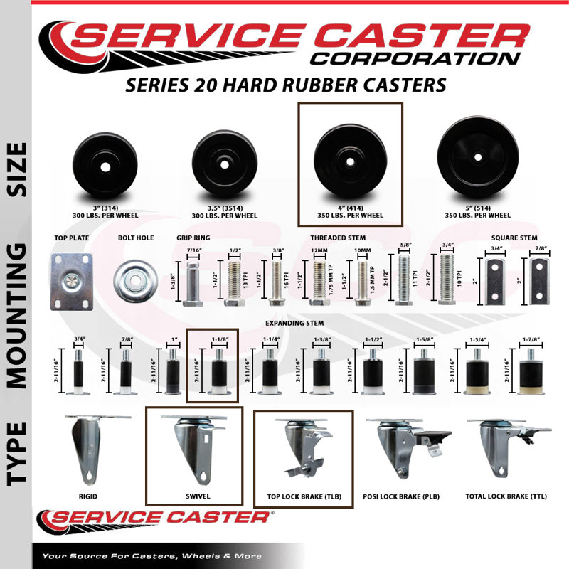 Roulettes pivotantes extensibles en caoutchouc dur de 4 pouces 1-1 / 8 pouces avec frein SCC