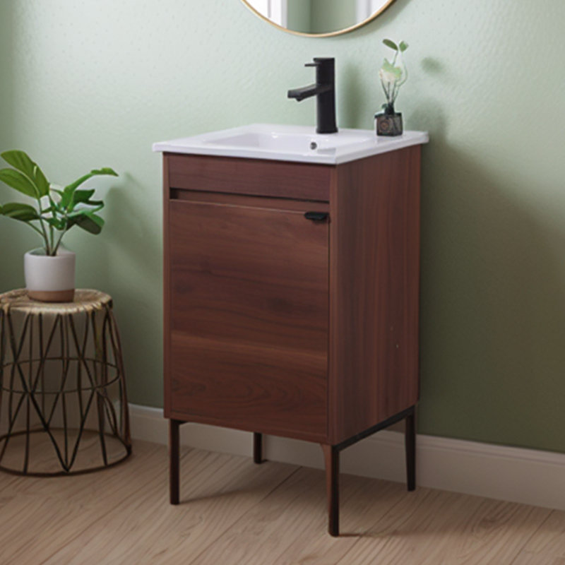 Petit meuble-lavabo simple en noyer 18 po avec lavabo en céramique 18 po