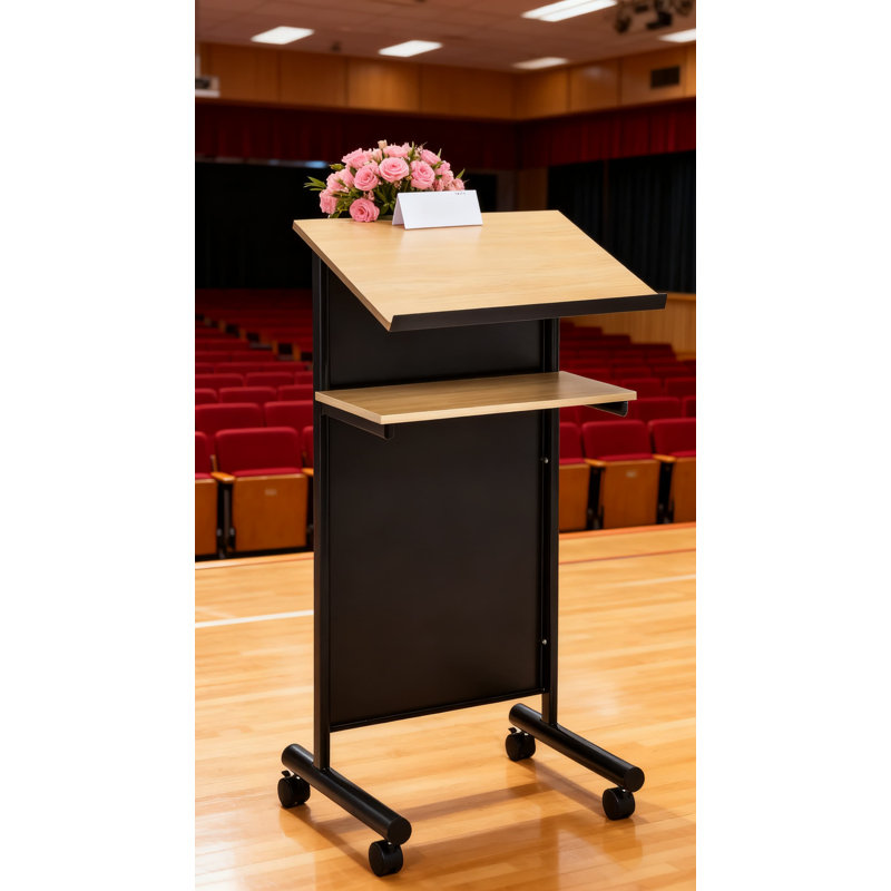 Podium pour mobile audio-visuel avec roulettes verrouillables, bureau de travail réglable et tablette de rangement pour les présentations et l'utilisation d'un ordinateur portable