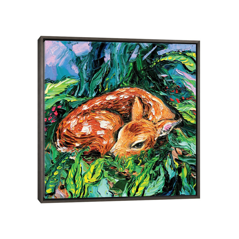 Reproduction d’art « Fawn » par aja Trèves, H 18 po x l 18 po x 1,5 po, Toile encadrée de bois rustique foncé, Pas de tapis