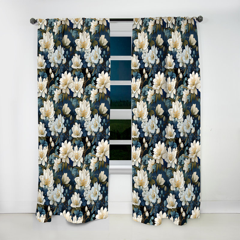 Jardin de pivoines blanches et bleues - Rideau floral - Velours obscurcissant - 1 panneau, L 52 po x L 84 po