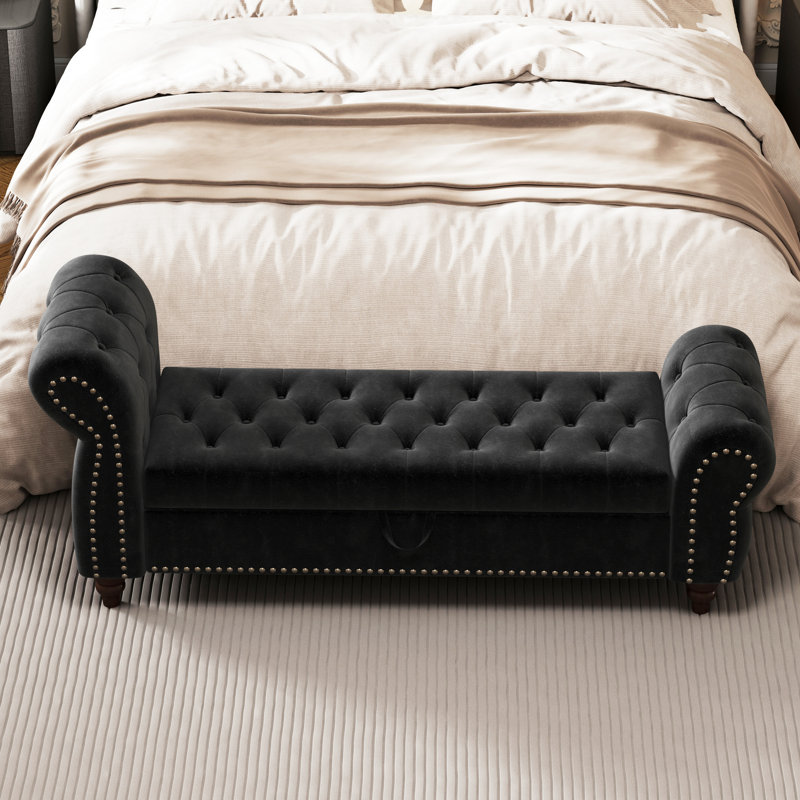 Banc de chambre moderne en velours noir avec compartiment de rangement - 64,5 po
