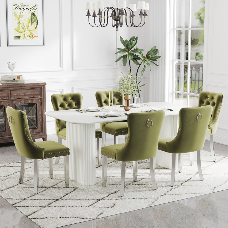 Ensemble de salle à manger rectangulaire en bois avec chaise capitonnée, Vert olive, 7, Blanc