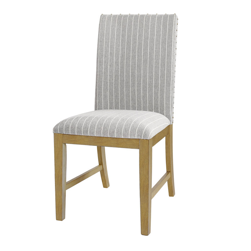 Lechlade Upholstered Wood Apron Set of 2 Dining Chair, Light Gray Striped