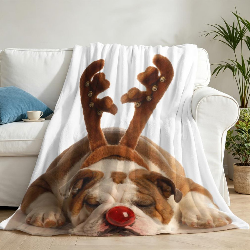 Jeté en flanelle rouge ultra doux, imprimé de chien de Noël Bulldog, Throw 50" x 60"