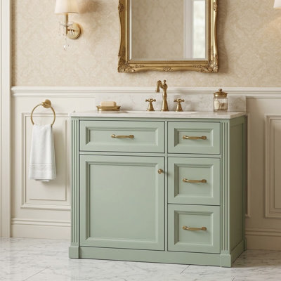 Meuble-lavabo simple autoportant vert 36 po avec lavabo et rangement en céramique