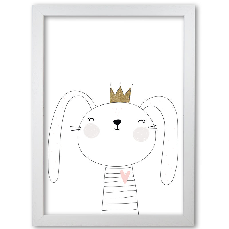 Scandi Cute Bunny With Crown - Painting, 30 cm H x 21 cm W x 5 cm D, White Grain Frame