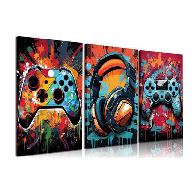 3Pcs Cool Gaming Wall Art Retro Video Game Watercolor Posters Pictures Colorful Neon Gamepad Canvas Painting Prints For Room Kids Game Room Bedroom For Decoration Ready To Hang