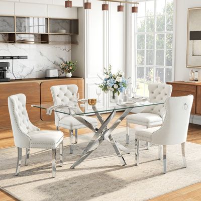 63" Rectangular Glass Dining Table for 4-6, X-Shaped Stainless Steel Base, Tempered Glass Top Dining Room Table
