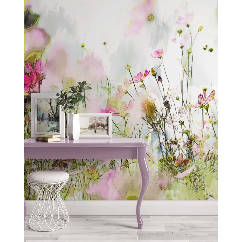 Watercolor Wildflower Meadow Wall Mural Pink Wallpaper, 106" L x 187" W