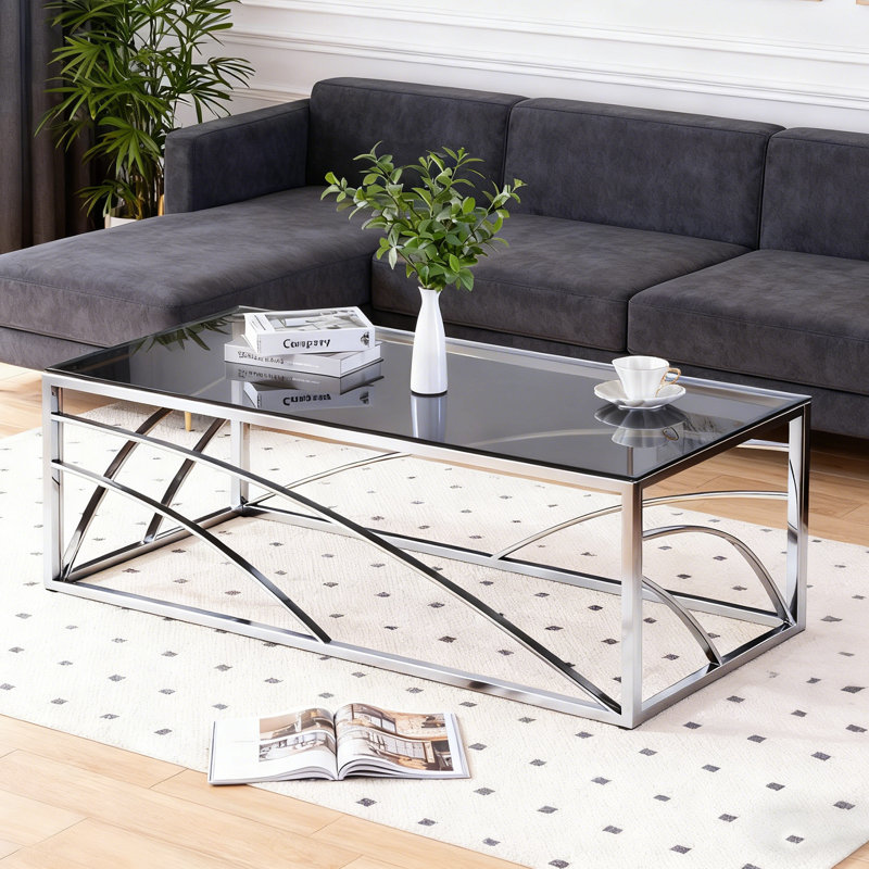 Roniqua 120cm Luxury Modern Tempered Glass Coffee Table with Stainless Steel Frame for Living Room, Smoke Grey/Silver