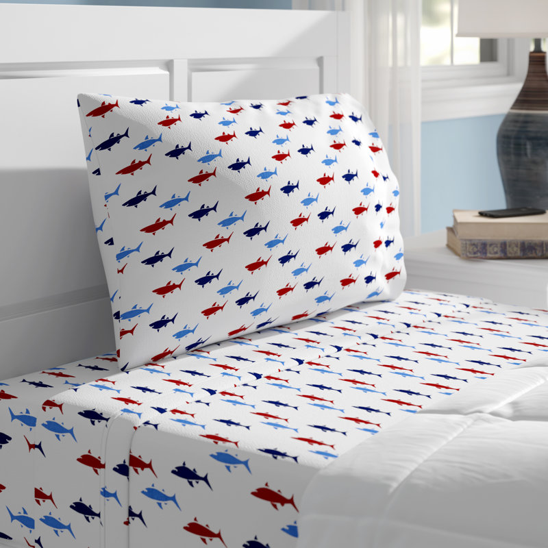 King Size White Cotton Percale Sheet Set with Shark Pattern