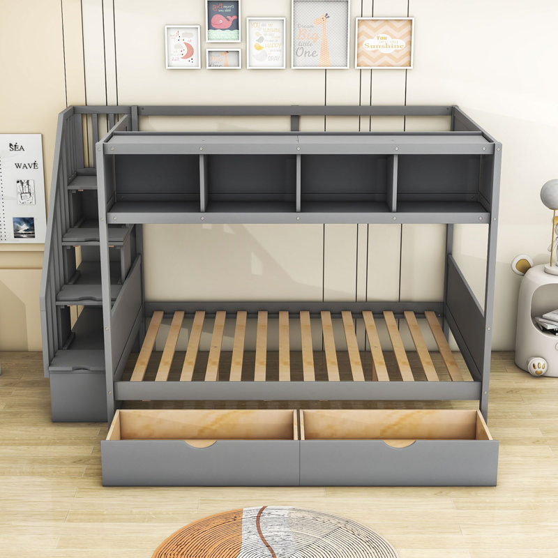 Ginevieve Kids Twin Over Full Bunk Bed with Drawers, Gray