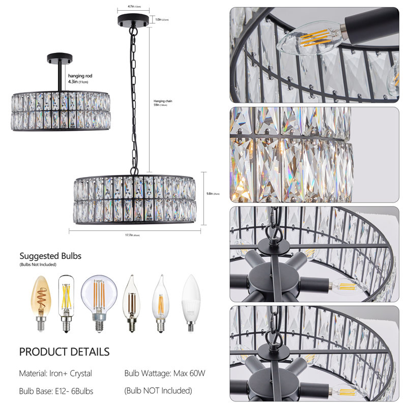 Lustre tambour en cristal Cruz avec chaîne réglable (ampoule non incluse), Noir