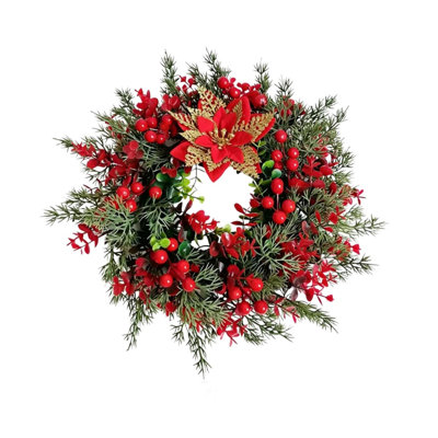 Couronne de Noël pour porte d'entrée - Couronne de Noël extérieure de 40 cm (15,7 pouces), ornée de poinsettias et de baies rouges - Décorations de Noël pour la maison
