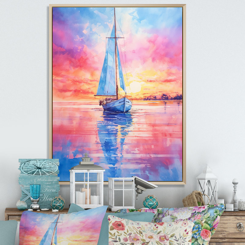 Bateau sur la barbe à papa, impression sur toile, Cadre naturel flottant, H 32 po x l 16 po x P 1 po