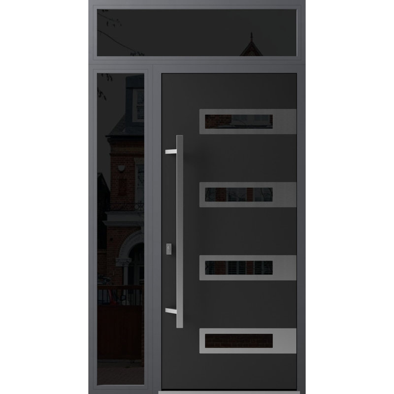 Modern Black Metal Double Door with Sidelites and Tinted Glass