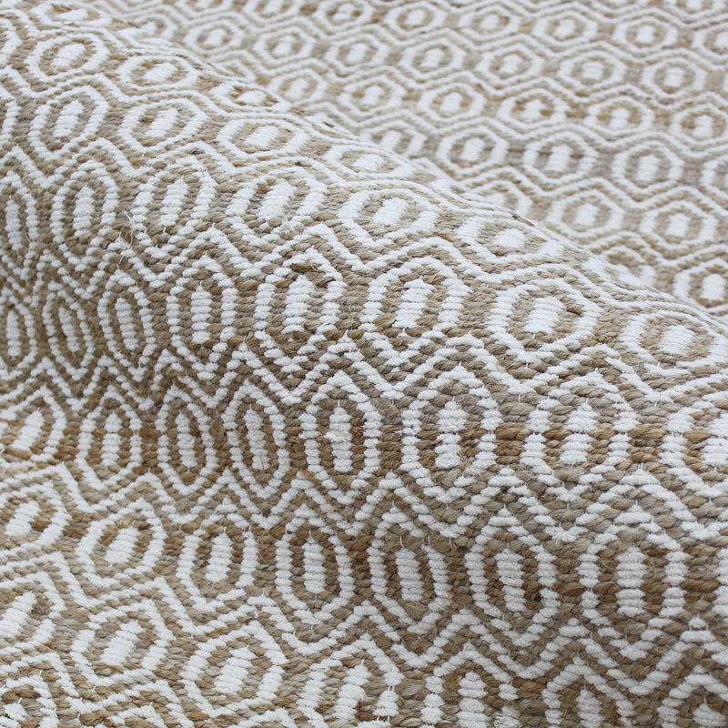 Tapis géométrique tissé à plat à la main blanc / brun, Rectangle 12 pi x 15 pi