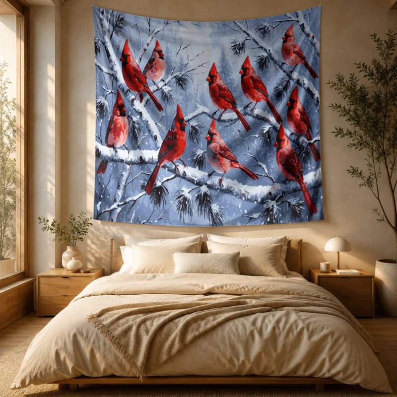 Tapisserie murale de Noël cardinal oiseaux sur des branches couvertes de neige, 51 po x 60 po