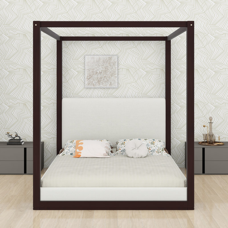 Lit plateforme moderne à baldaquin en bois, tête de lit tapissier pour un sommeil confortable, Queen, Espresso / blanc