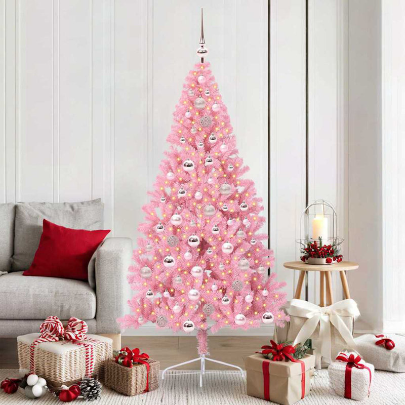 5.91' H Lighted Artificial Christmas Tree, Pink, 180 cm, with 120 Pink Balls