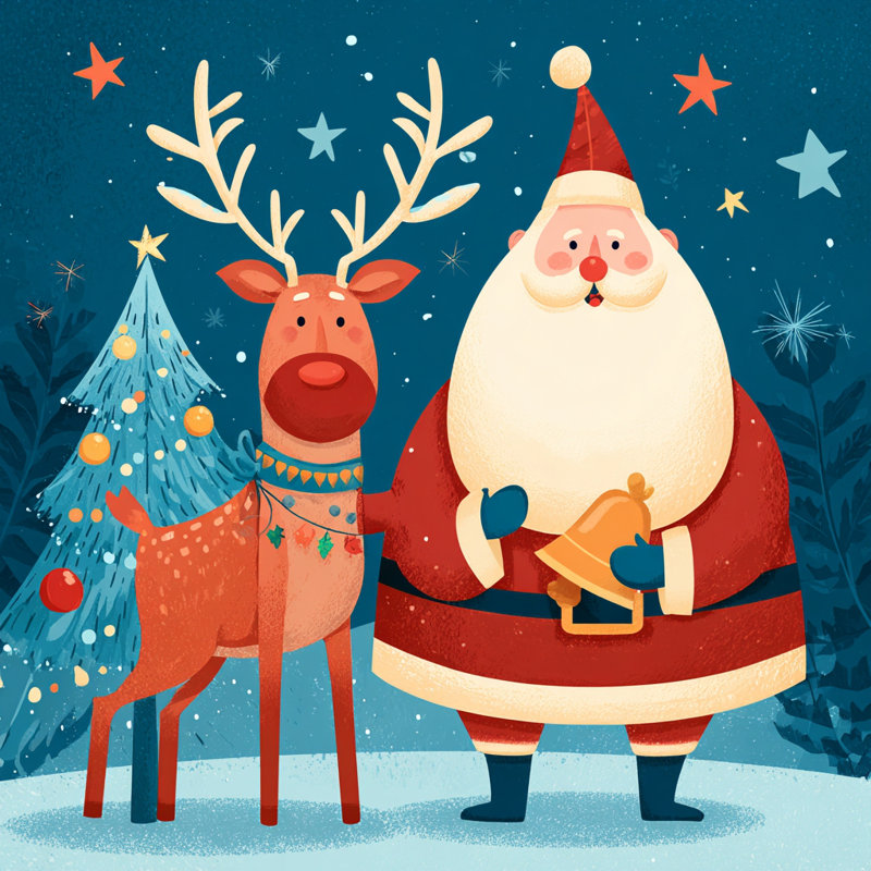 Père Noël et renne, art sur toile, H 30 po x l 30 po