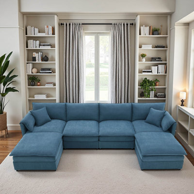 134*66" Chenille Modular Sectional Sofa,U Shaped Cloud Couch Set With Double Cushions ,6 Seat Sleeper Sofa Bed With Ottomans,Oversized Indoor Furniture For Living Room