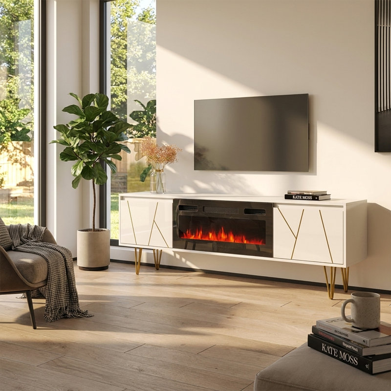 Galin 70.9" Modern TV Stand with Electric Fireplace, High Gloss Finish, Wall-Mounted, White
