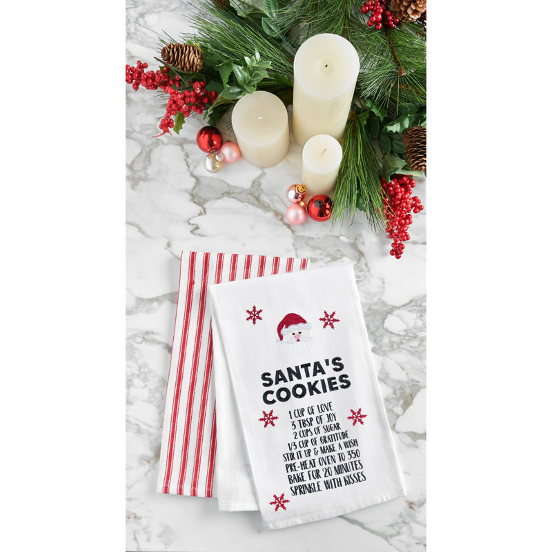 Holiday Christmas "Santa's Cookies" Recipe with Santa Claus Face Cotton Flour Sack Kitchen Dish Towel Decor Decoration  27L x 18W in.