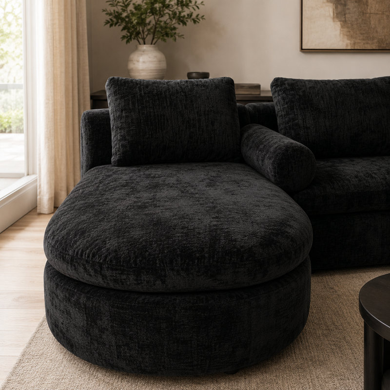 Canapé d'angle en forme de U de 157,5 po de largeur, recouvert de tissu, avec double méridienne, coussins cylindriques et oreillers.