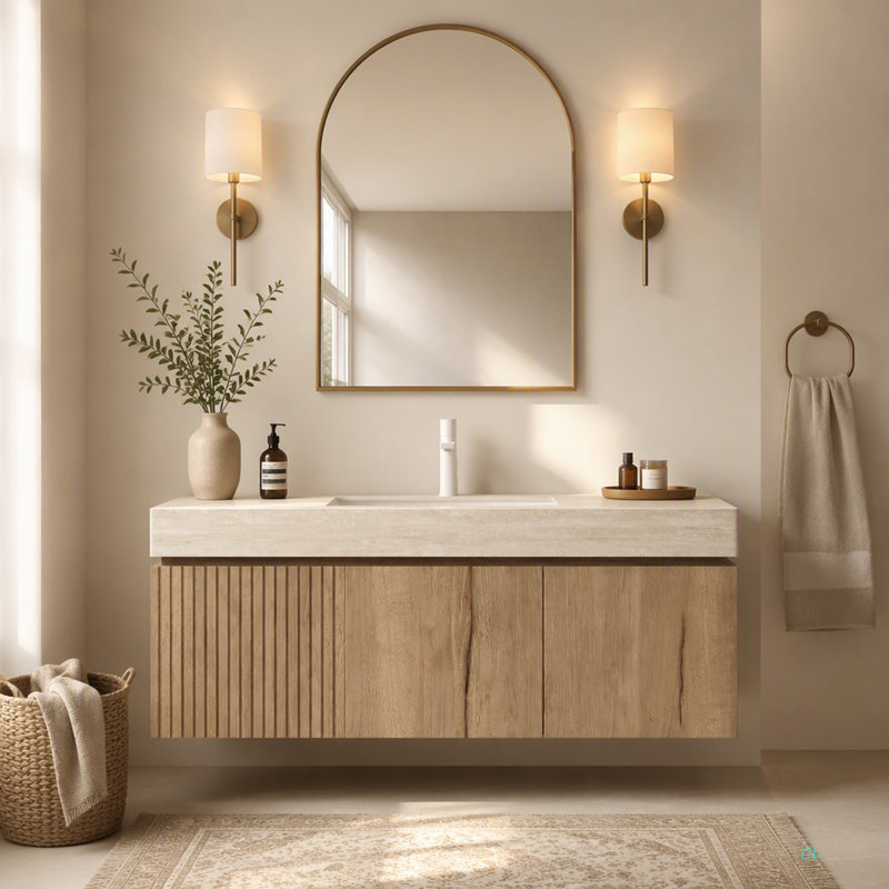 Meuble en contreplaqué de 122 cm (48 po) avec portes doubles et un tiroir, sans lavabo ni comptoir, sans robinet ni couvercle d'évier.
