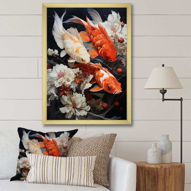 «Fishing Contemporary Koi Fish III», reproduction sur toile, Encadrement doré, H 40 po x l 30 po x P 1,5 po