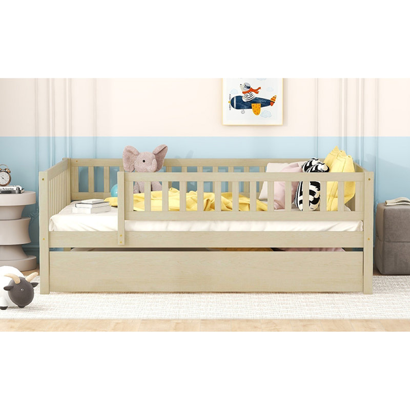 Wood Daybed With Trundle And Fence Guardrails, Natural, Full