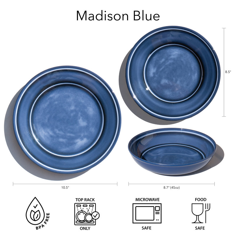 Madison 18 Piece Dinnerware set, 6 Dinner Plates, 6 Salad Plates, 6 Bowls, Microwave Safe, Dishwasher Safe, Durable - Blue & White Color