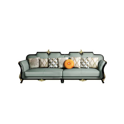 Cowhide European Villa Solid Wood Oak Sofa 141.7'' Leather Sofa