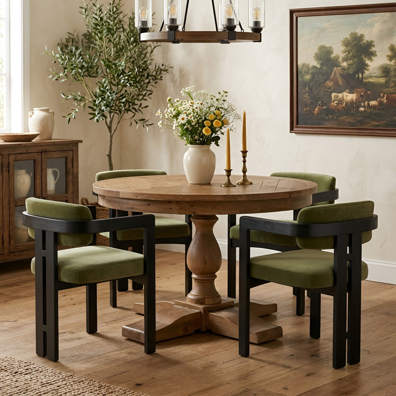 5-Piece Dining Set Mid-Century Modern Wooden Table & Upholstered Chair Set For Home, Kitchen, Dining Room, Green