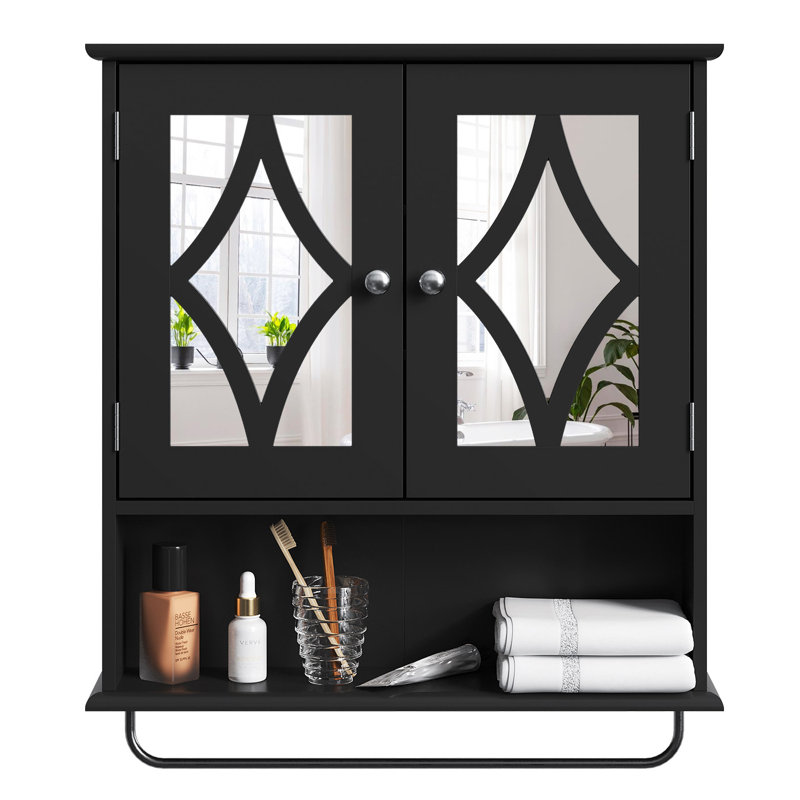 Wall Bathroom Cabinet with Towel Bar & Adjustable Shelves, Black