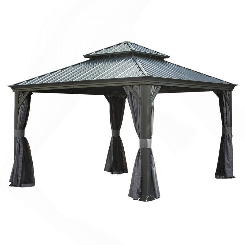 12'X12' Hardtop Gazebo Canopy,Outdoor Aluminum Gazebo With Galvanized Steel Double Roof,Permanent Gazebos With Drainage System,Curtain And Netting Included,Grey