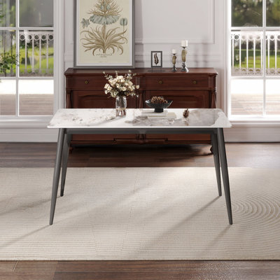 55.12" Modern Rectangular Dining Table White Pandora Artificial Stone Dark Grey Metal Legs 6 Person