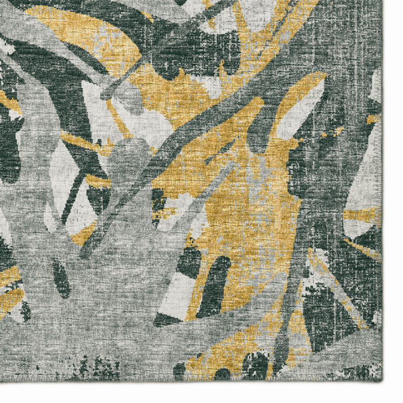 Tapis gris / jaune à motif abstrait Tary, Rectangle 8 pi x 10 pi