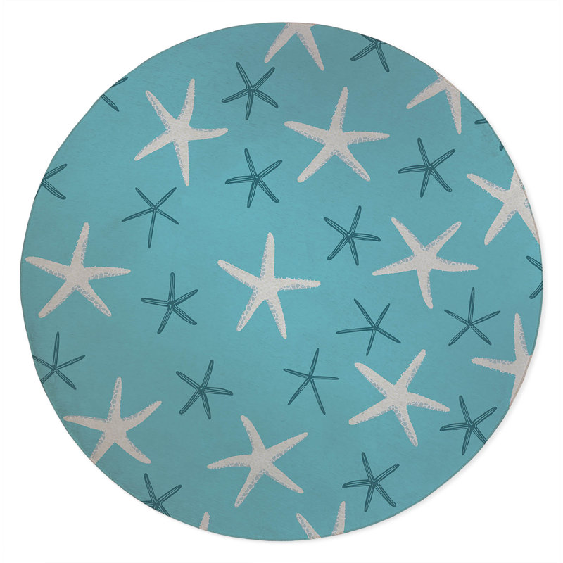 Starfish Decorative Outdoor Rug, Blue, Round 5'