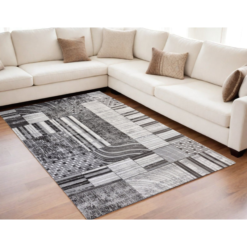Tapis abstrait gris, brun et beige 5 pi x 8 pi