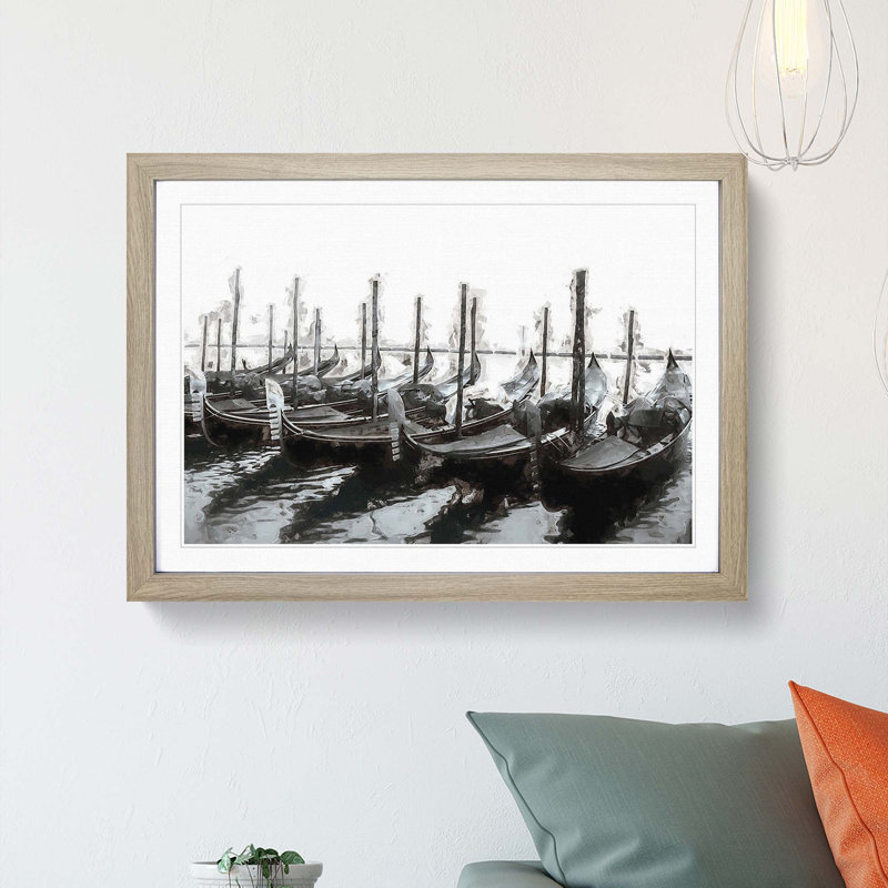 Docked Gondolas in Venice Italy in Abstract - Picture Frame Painting Print, Oak Framed, 27cm H x 36cm W x 2cm D