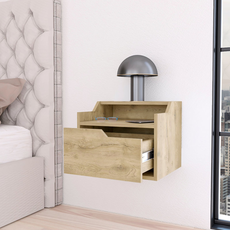 Table de chevet flottante dans le décor de la chambre à coucher: Assemblage simple, table de chevet pratique en bois: chambre à coucher, tablette double, installation facile