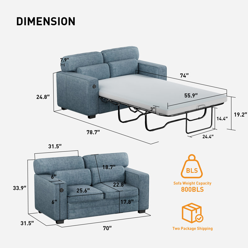 Pull Out Sofa Bed, Queen Size Sleeper Sofa with 2 USB Charging Ports, Comfortable Loveseat Sleeper with Removable Covers