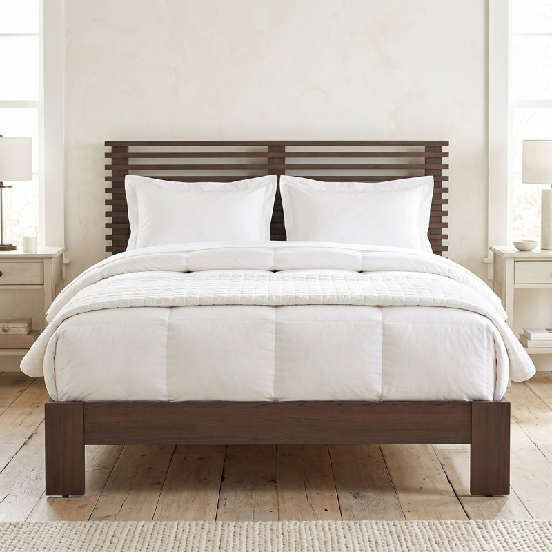 Lit plateforme moderne en bois avec tête de lit à lattes horizontales, taille double, taupe, Double, Taupe