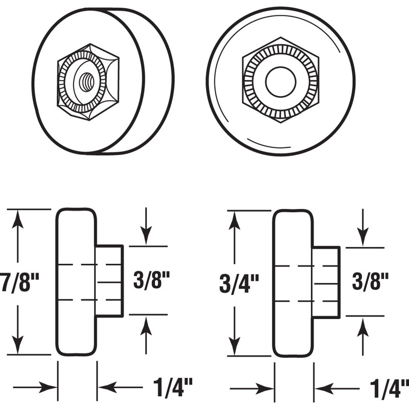 Rouleau de porte de douche, pneu en nylon à rebord plat de 7/8 po et 3/4 po de diamètre (paquet de 4)