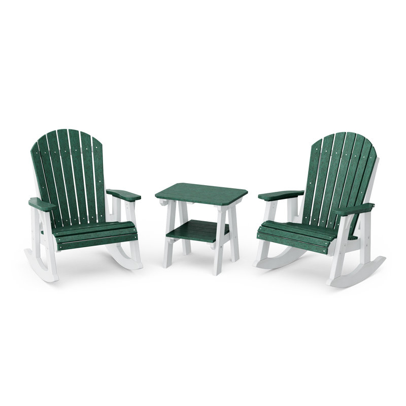 Heritage 3-Piece  Adirondack Rocking Chair Set With Side Table, Turf Green/White