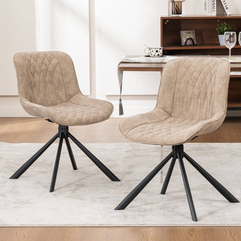 Swivel Tufted Leather Upholstered Side Chairs Modern Dining Chairs with Metal Legs, Beige
