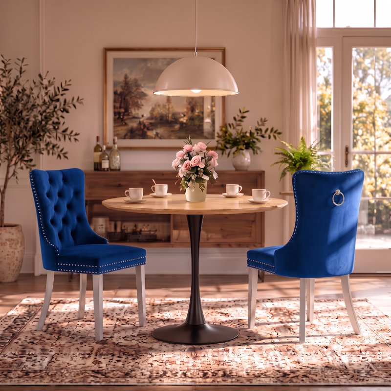 Ensemble de salle à manger rond 3 pièces avec 2 chaises rembourrées, Oak Wood/Black, Navy Blue/Silver
